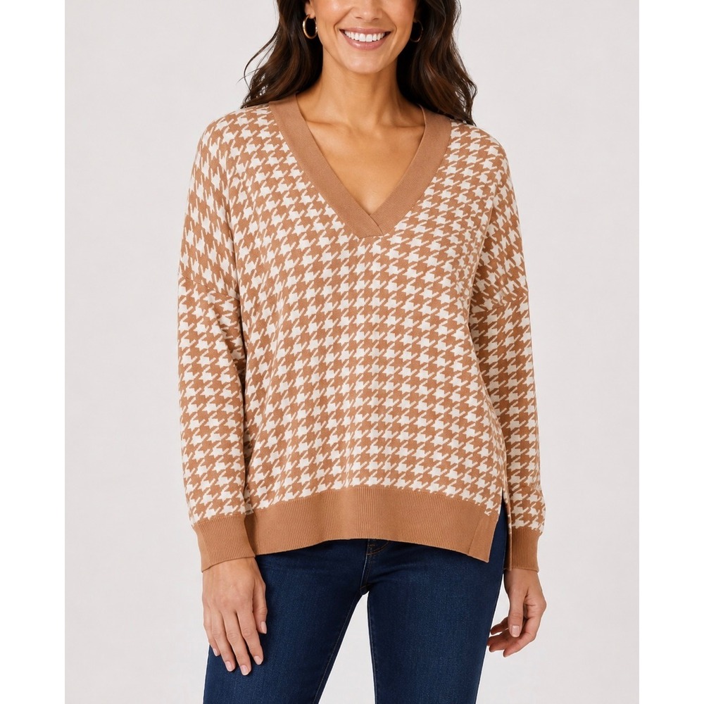 Ann Taylor Factory Sweater Womens XS Tan Houndstooth V-Neck Oversized Preppy
